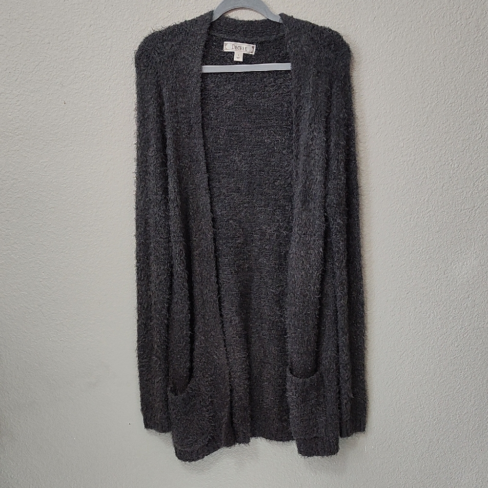 *Decree Long Soft Gray Open-Front Sweater Large Pockets Cottage Grandma Oversize